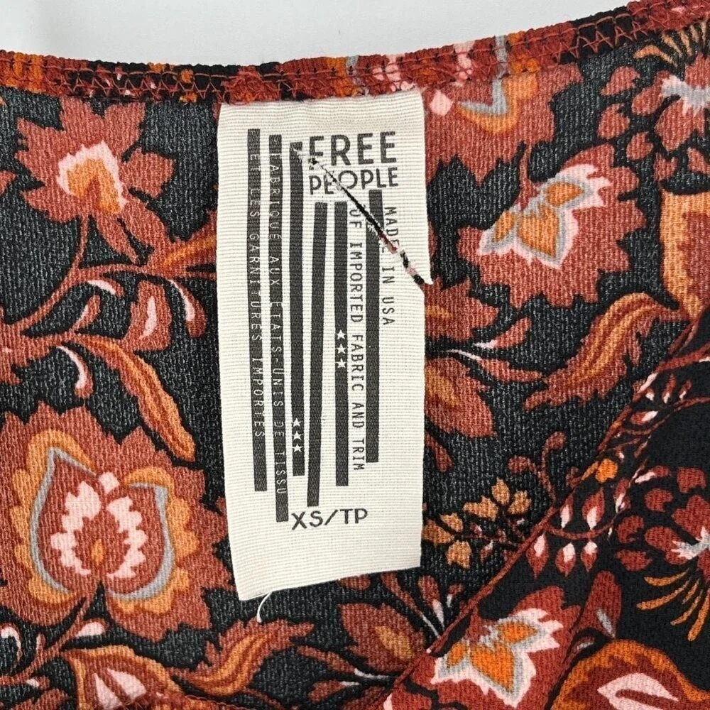 Free People Floral Faux Wrap Mini Dress Rust Orange Ruffle Hem XS OB810871
